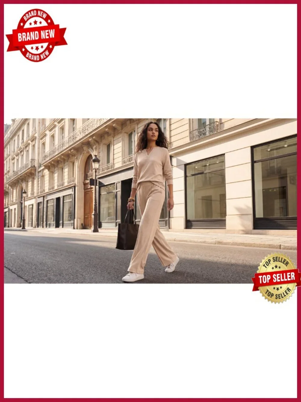 Women's 2 Piece Lounge Set - V Neck Top & Wide Leg Pants, Wrinkle-Free Travel